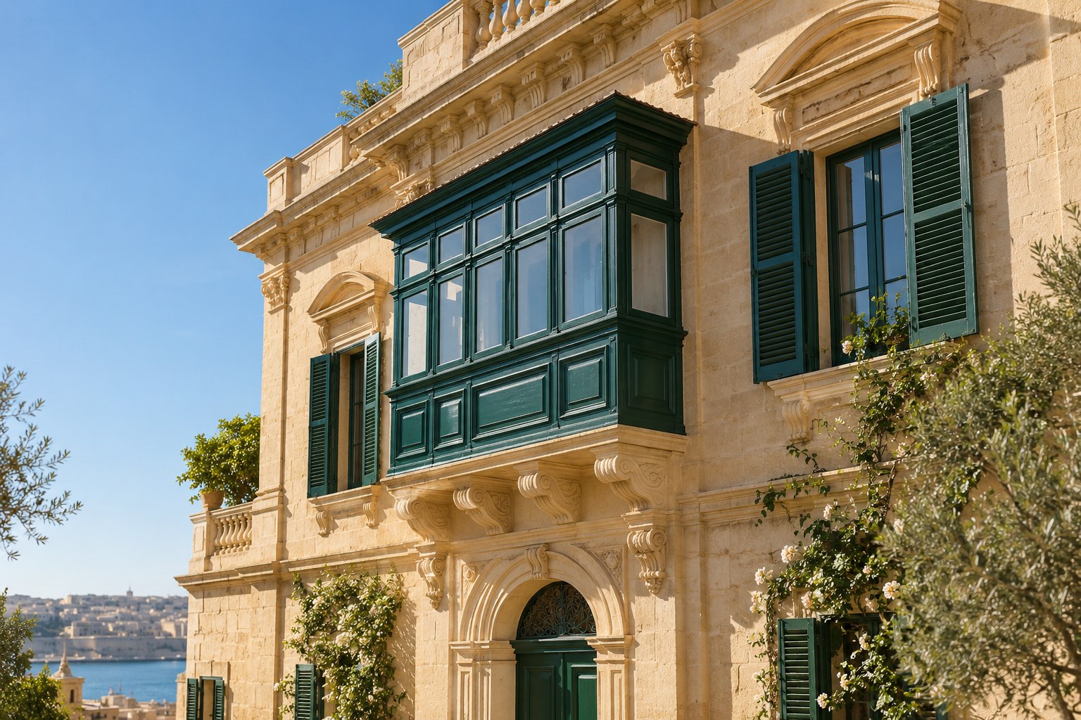 Illustrative Maltese-style limestone home with a green balcony